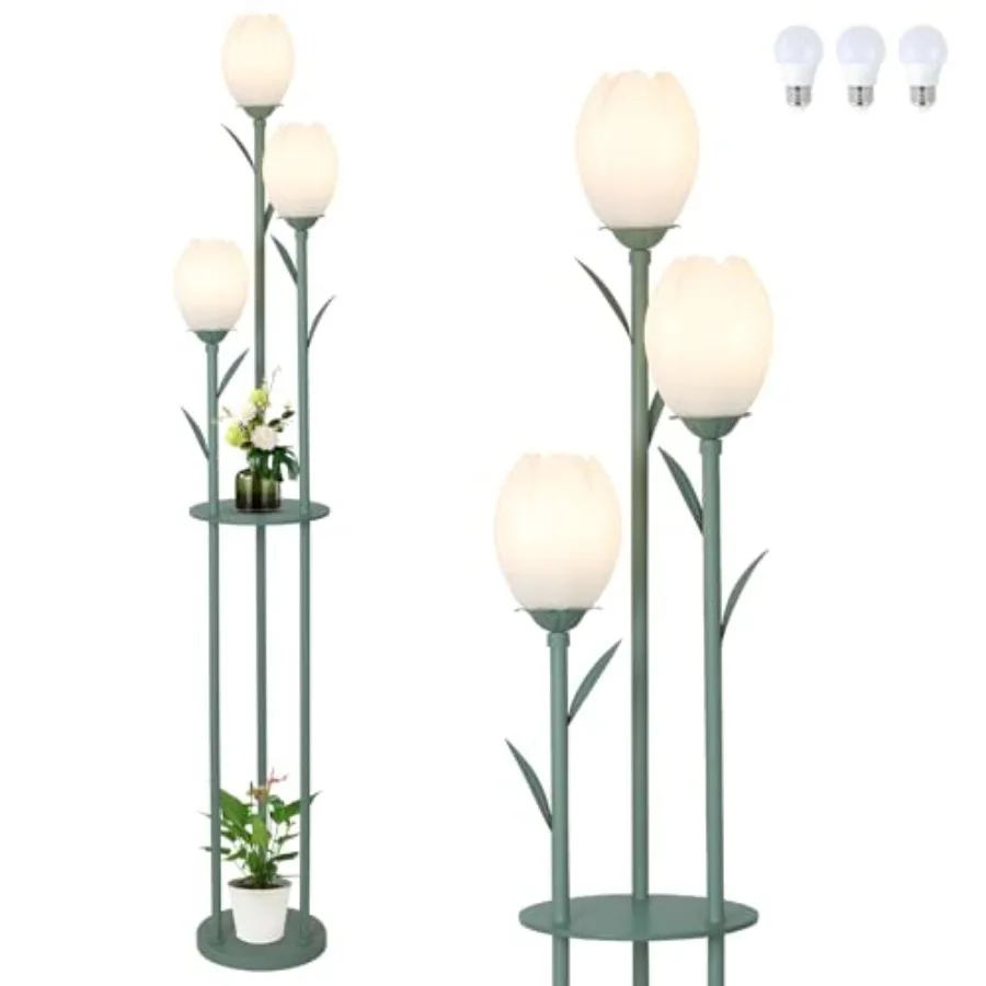 

3-Light Flower Floor Lamps for Living Room Green Floor Lamp with Shelves Unique Tulip Standing Lamp with 3 LED Blubs Cute Flora