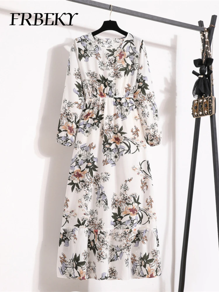 Nowe sukienki wiosna lato okrągły dekolt sukienka kwiatowa elegancki nadruk wysoki stan sukienki plażowe z długim rękawem Vestdos Streetwear
