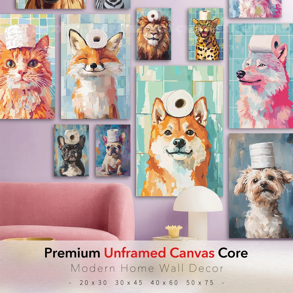 Funny Bathroom Animal Canvas Poster Cat Dog Fox Toilet Paper Roll On Head Wall Art Prints Humor Kids Restroom Home Decor