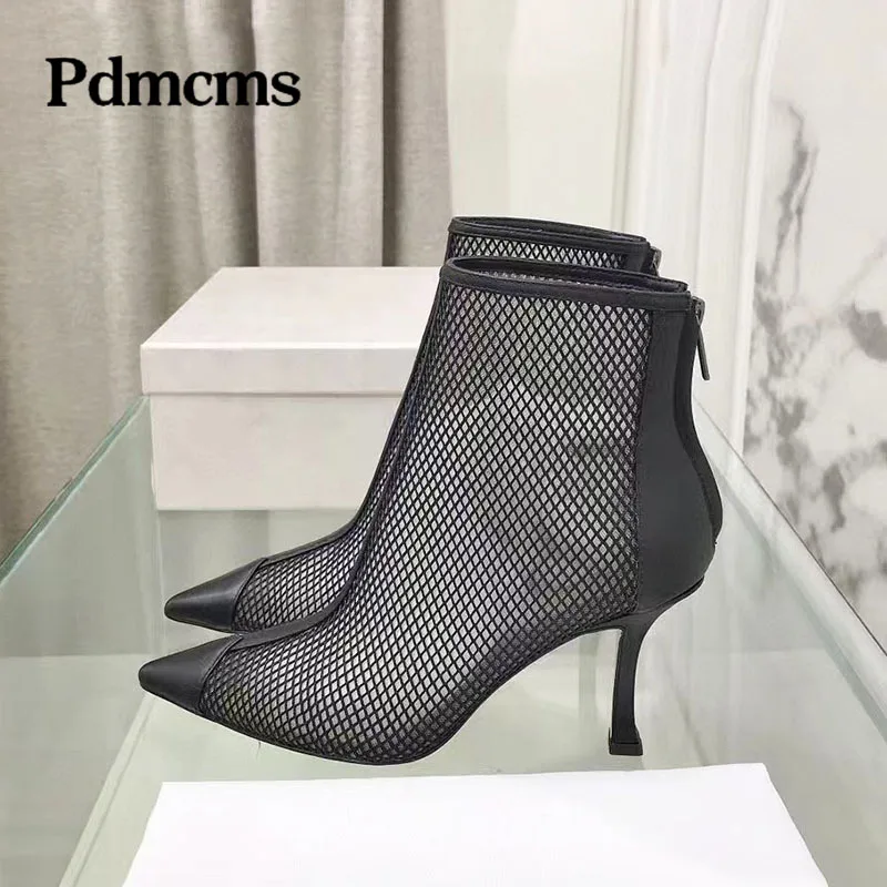 

2025 New High Heels Ankle Boots For Women Pointed Toe Rhinestone Runway Shoes Woman Mesh Hollow Out Stiletto Short Boots Woman