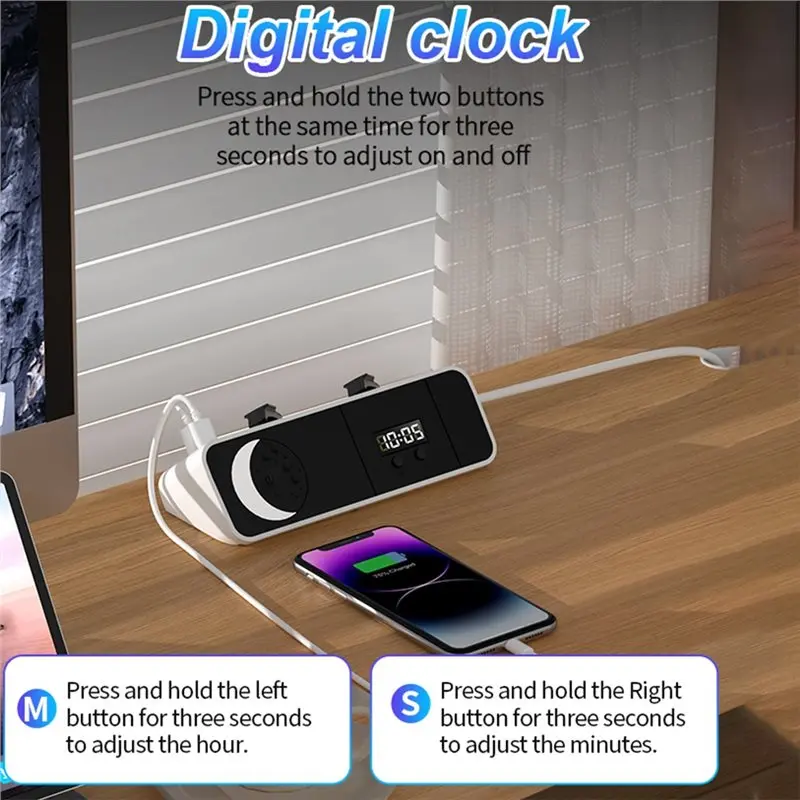 A97I-Power Strip 2 Meter Extension Cord 7 In 1 Desktop Corner Power Socket With Small Night Light And Clock-EU Plug