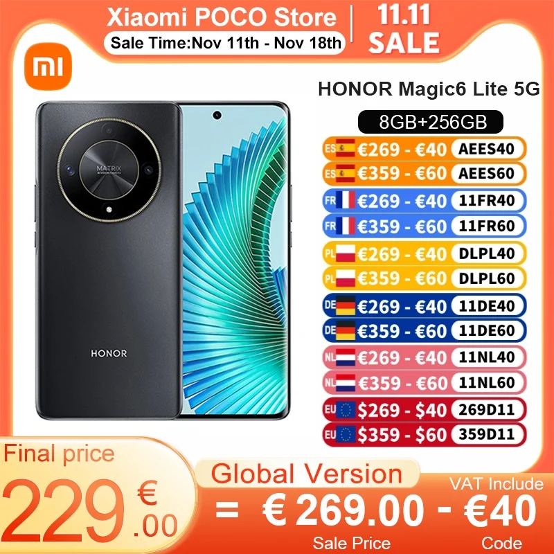 HONOR Magic 6 Lite 5G Global Version Smartphone 108MP Camera Snapdragon 6 Gen 1 NFC 6.78 ''AMOLED Screen 5300mAh Battery