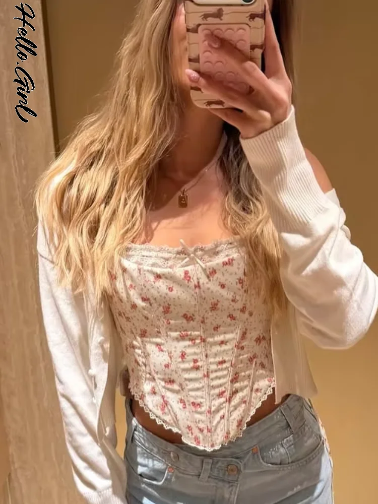 Women White Base Pink Floral Print Lace Trim Corset Cami Top Square Neck Boned Bodice Casual Romantic Coquette Style 2026