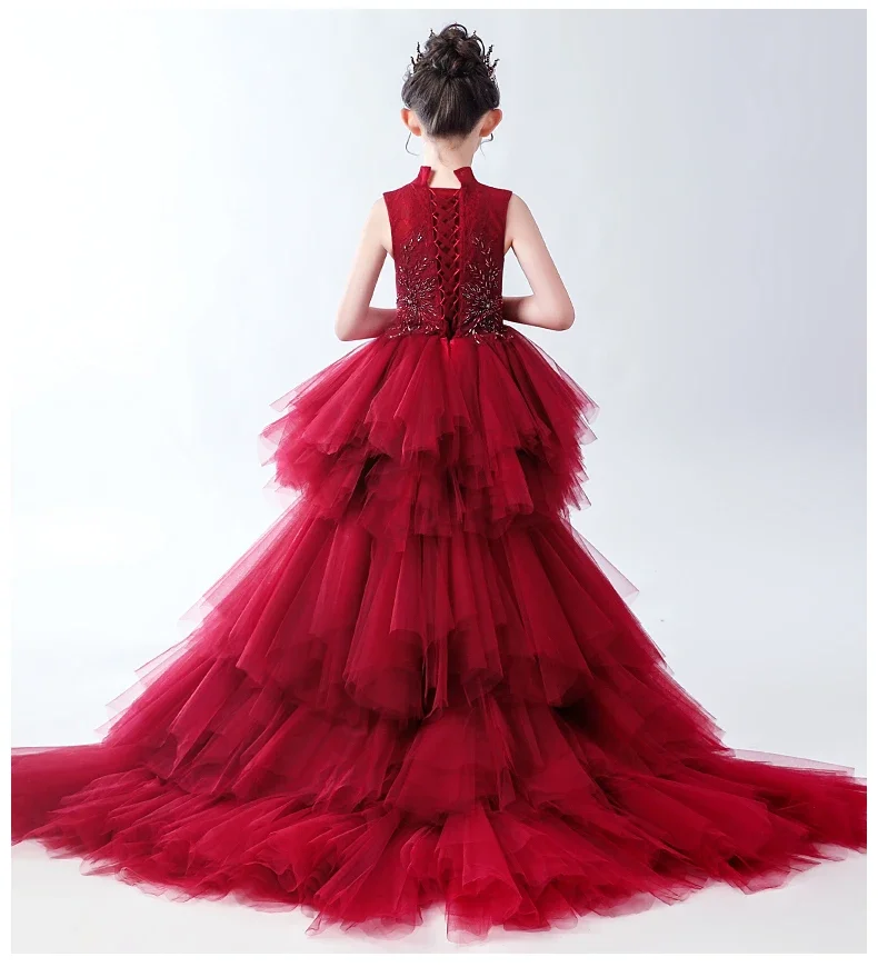 Elegant Long Trailing Wine Red Lace First Communion Dress Flower Tulle Girls Pageant Prom Gown Flower Girl Dress for Weddings