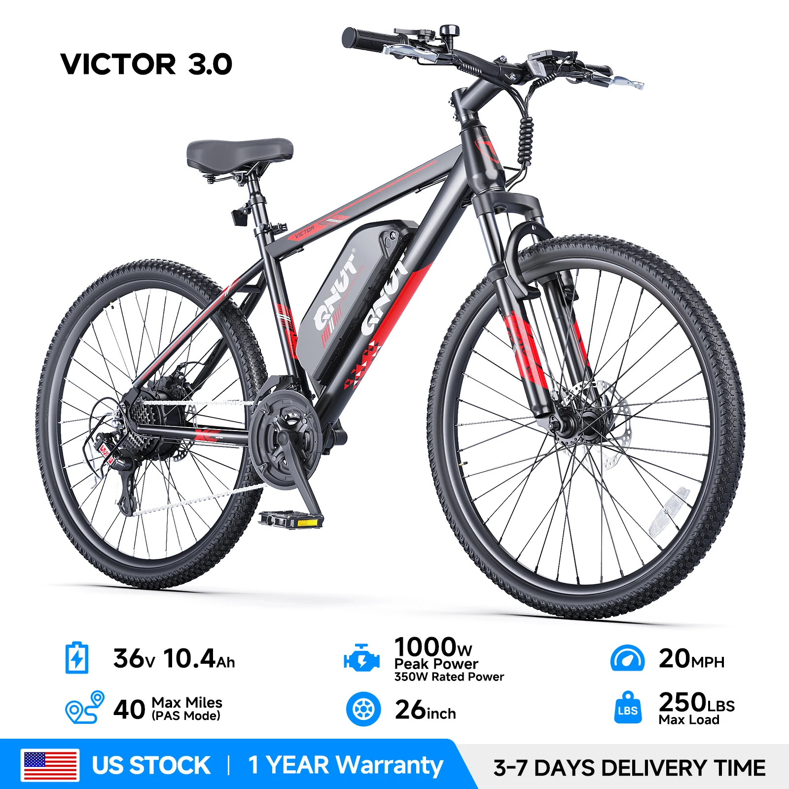 QNUT Victor Electric Bike Adults Electric Bicycle Peak 1000W 36V 7.8AH&10.4AH E Bike 26' Fat Tire Mountain Bike 20mph Electric Dirt Bike image 7