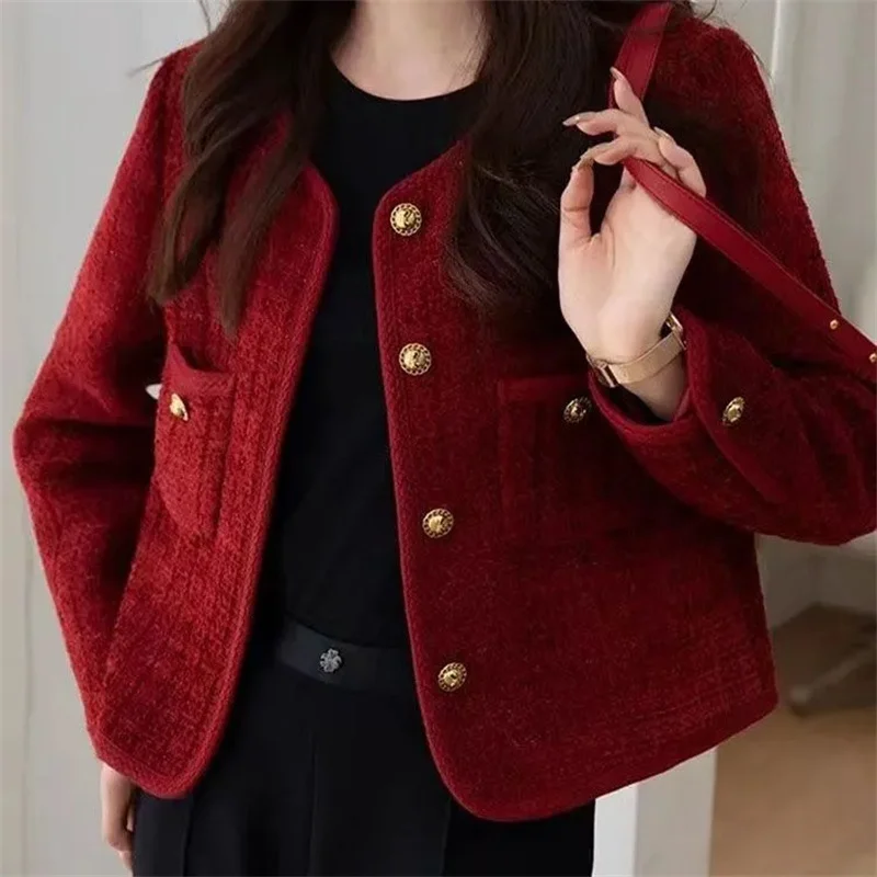 Women\'s Jacket 2024 Spring Autumn New Red Tweed Small Fragrance Coat Short Blazers Korean Fashion Elegant Female Tops Outerwear