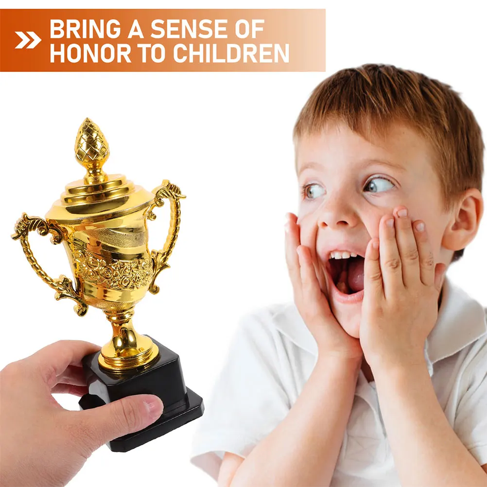

2pcs Gold Mini Trophy Cup Small Plastic Competition Trophies Delicate Office Reward Football Rugby Baseball Basketball