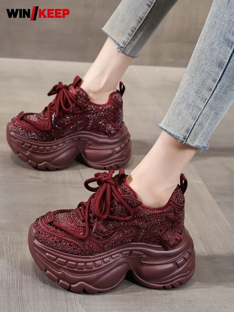 Outdoors Running Shoes Women Thick Platform Diamonds Crystal Shiny Sneakers Sport Shoes Running Breathable Trainers Sportswear
