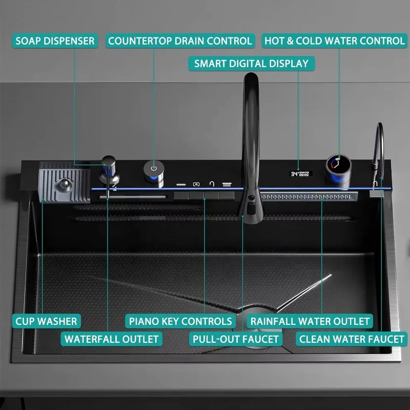 Smart Modern Waterfall Kitchen Sink 315x177 Inch Drop Stainless Steel Digital Display Large Single Bowl Workstation