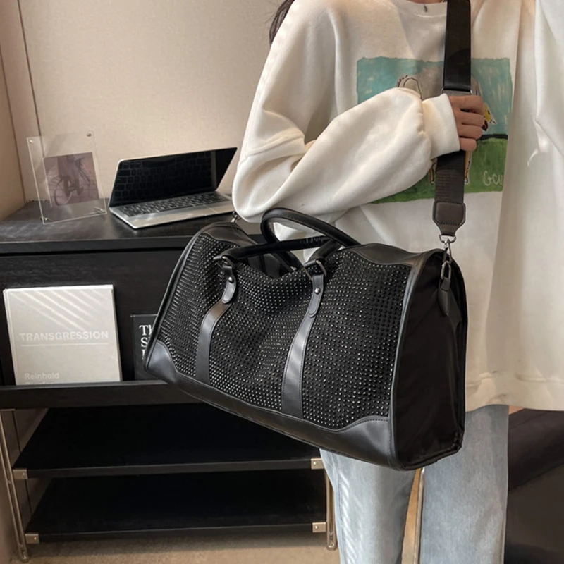 Bolso de viaje de gran tamaño para mujer, bolsa de mano con diamantes de imitación estéticos Y2K, tendencia de lujo, marca Boston, para fin de