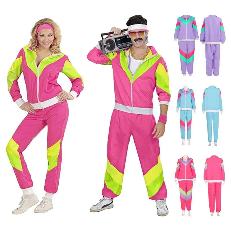 

80s Workout Couple Costume Zipper 80s Jackets For Women Vintage Color Block Design Long Sleeve Masquerade Jacket Vintage