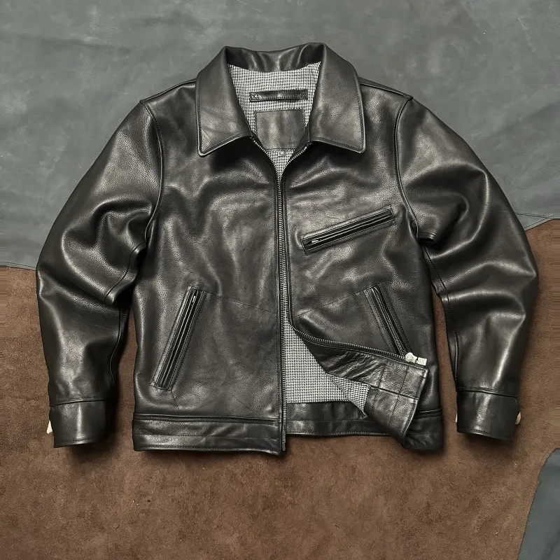 American Retro Motorcycle Leather Jacket Men Autumn New Short Lapel Slim Soft Cowhide Chaqueta Cuero Moto Casual Durable
