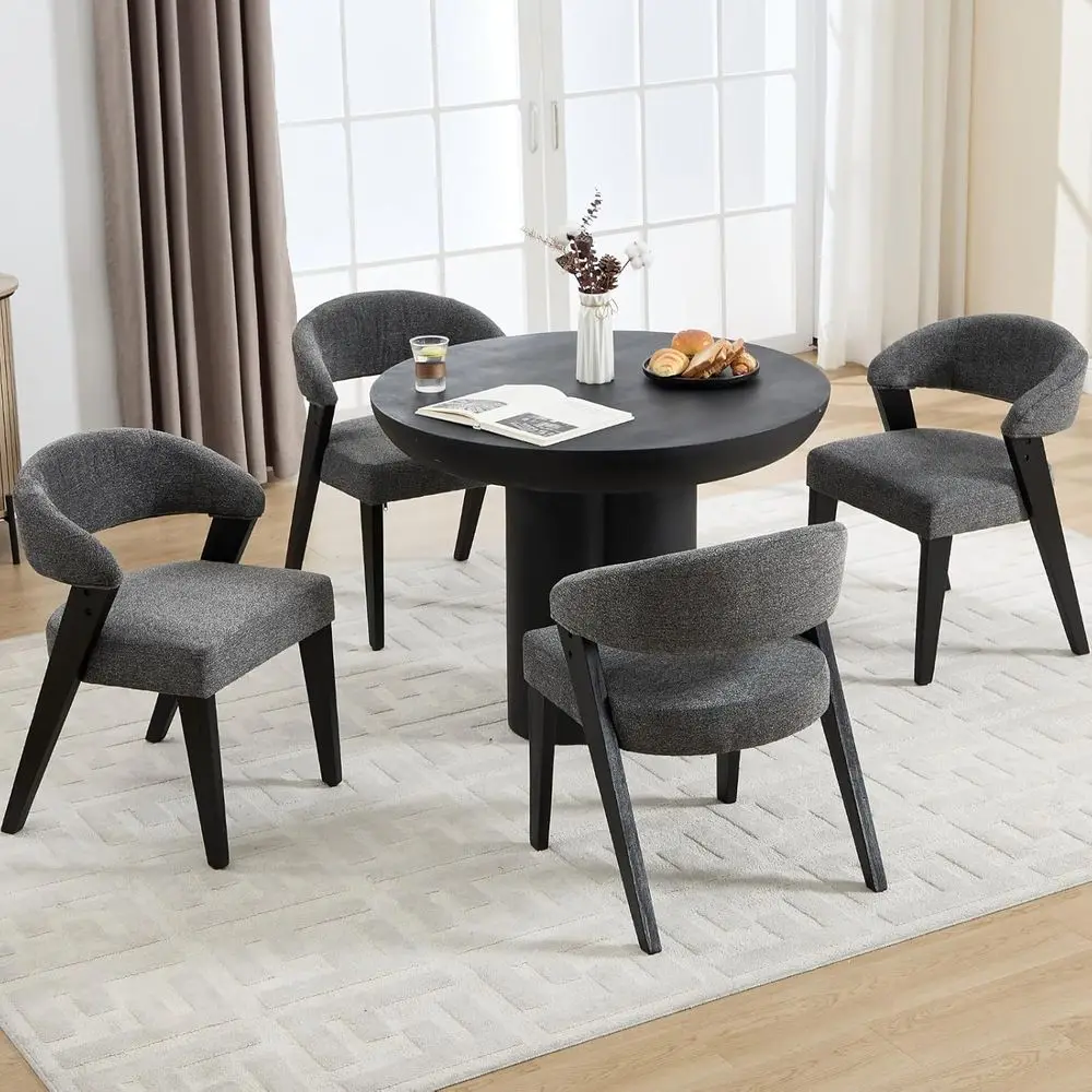 

4-Piece Grey Upholstered Dining Chairs with Curved Back, Modern Chenille Chairs, Barrel Armchairs, Black Wooden Legs, Easy Assem