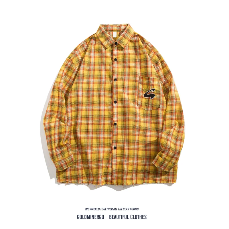 

Мужская свободная куртка в клетку для осени и весны, повседневная, с вышивкой, удлиненная, для молодежи