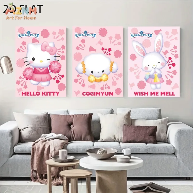 AZNM Unframed Canvas Wall Art Hello Kitty Cogimyun Wish Me Mell Cheerleader Sanrio Cartoon Poster Kawaii Print Girls Bedroom