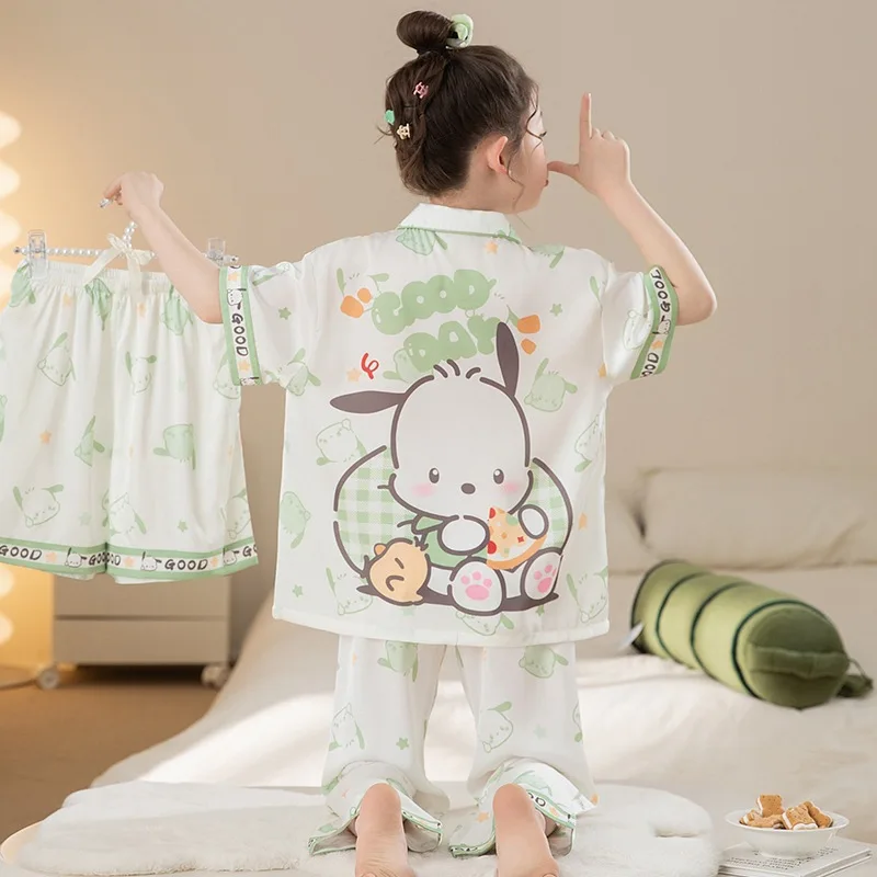 

Детский пижамный комплект Kawaii Sanrio Pochacco Hello Kitty, 3 шт., рубашка с короткими рукавами + брюки + шорты, летняя домашняя одежда с героями мультфильмов для студентов