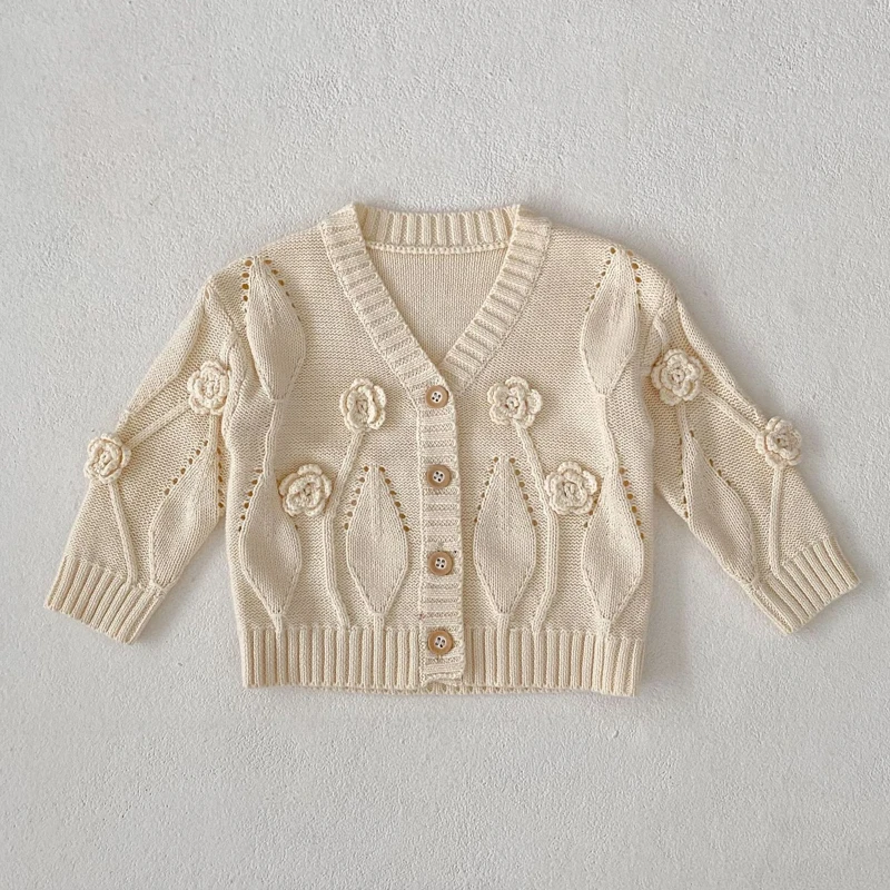 Autumn new 0-3 year old baby Girl clothing handmade flower V-neck sweater cardigan jacket knitted pure cotton long sleeved shirt