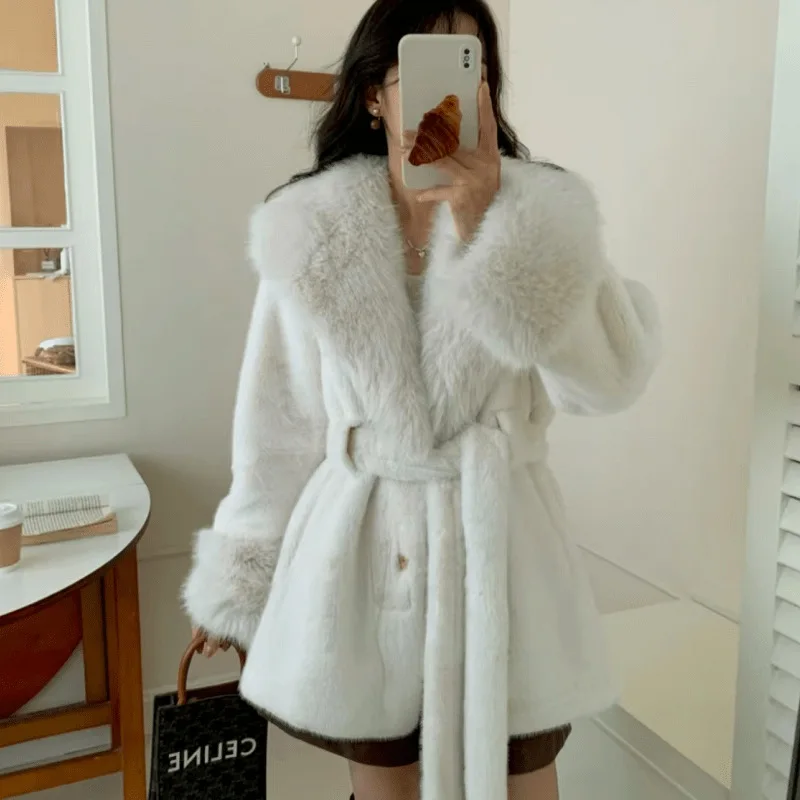 Women Faux Mink Fur Coat Fluffy Imitation Fox Fur Turn Down Collar Jacket Thicken Flocking Trench Cardigan Furry Parka with Belt