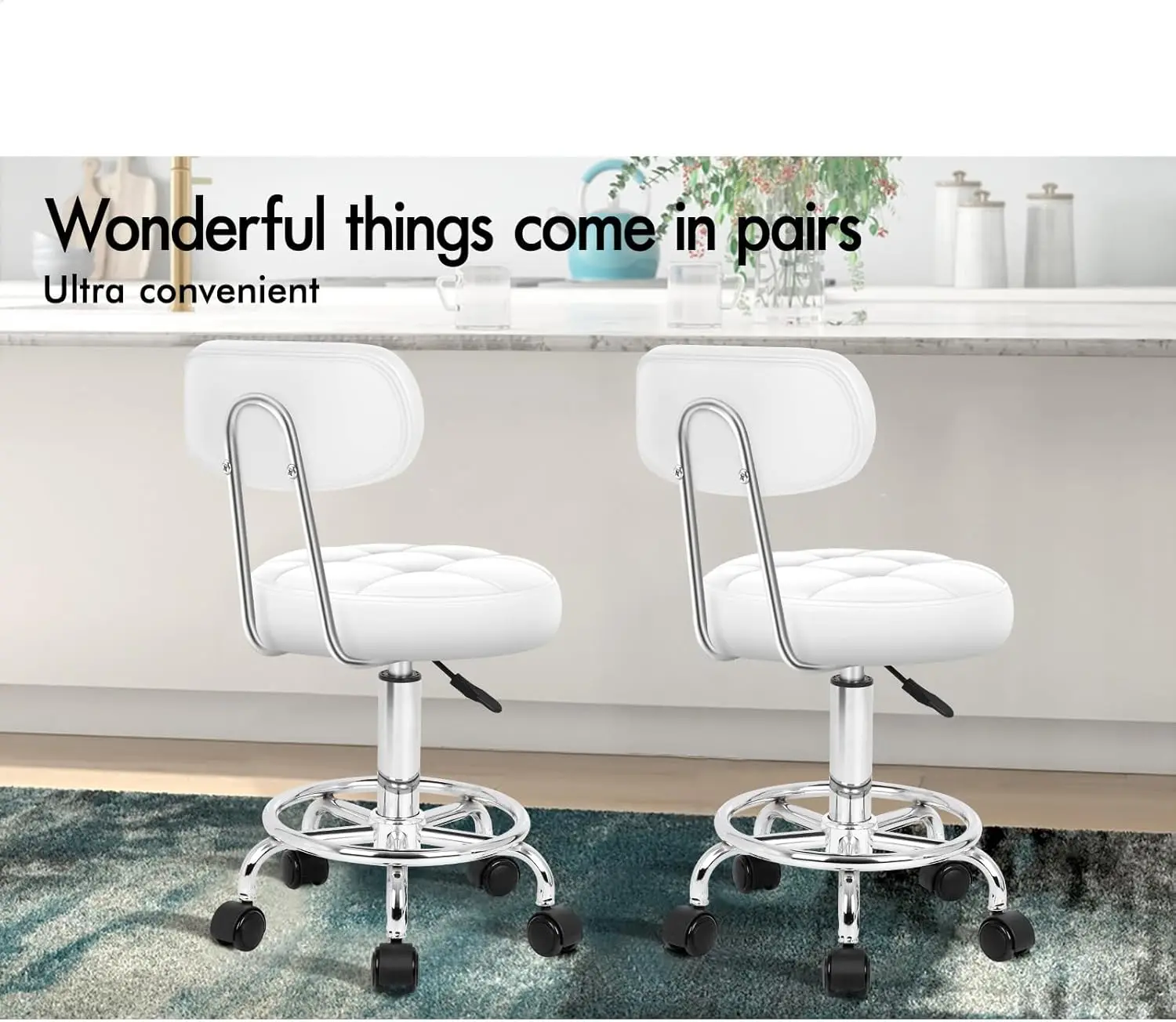**/Round Salon Stool PU Leather Upholstery With Backrest, Adjustable Drafting Rolling Stools In 52-67cm Height, Swivel Sp