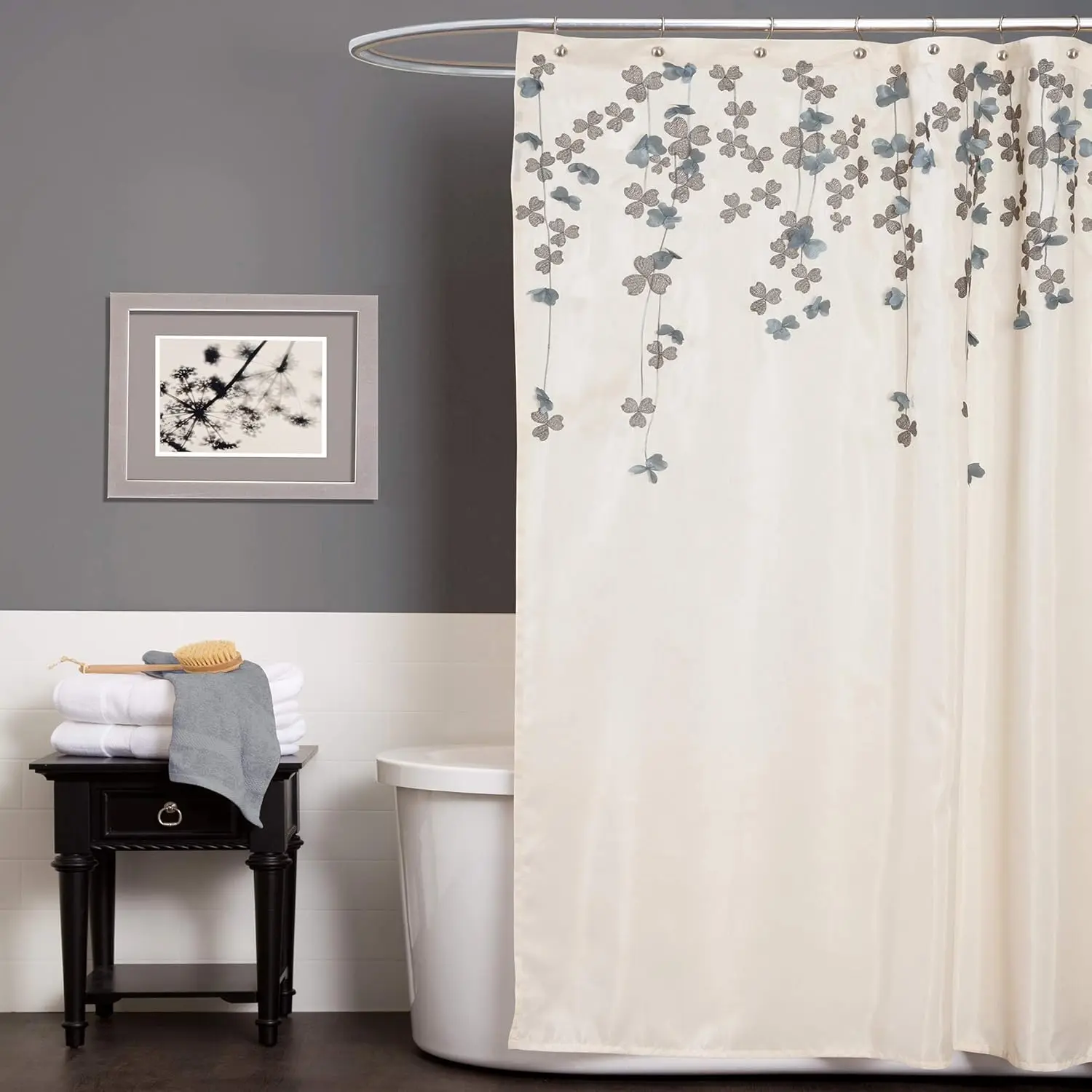 Lush Decor Flower Drops Shower Curtain Single Ivory & Blue Fabric Shower Curtains for Bathroom Floral Bathroom Curtain -Bathroom