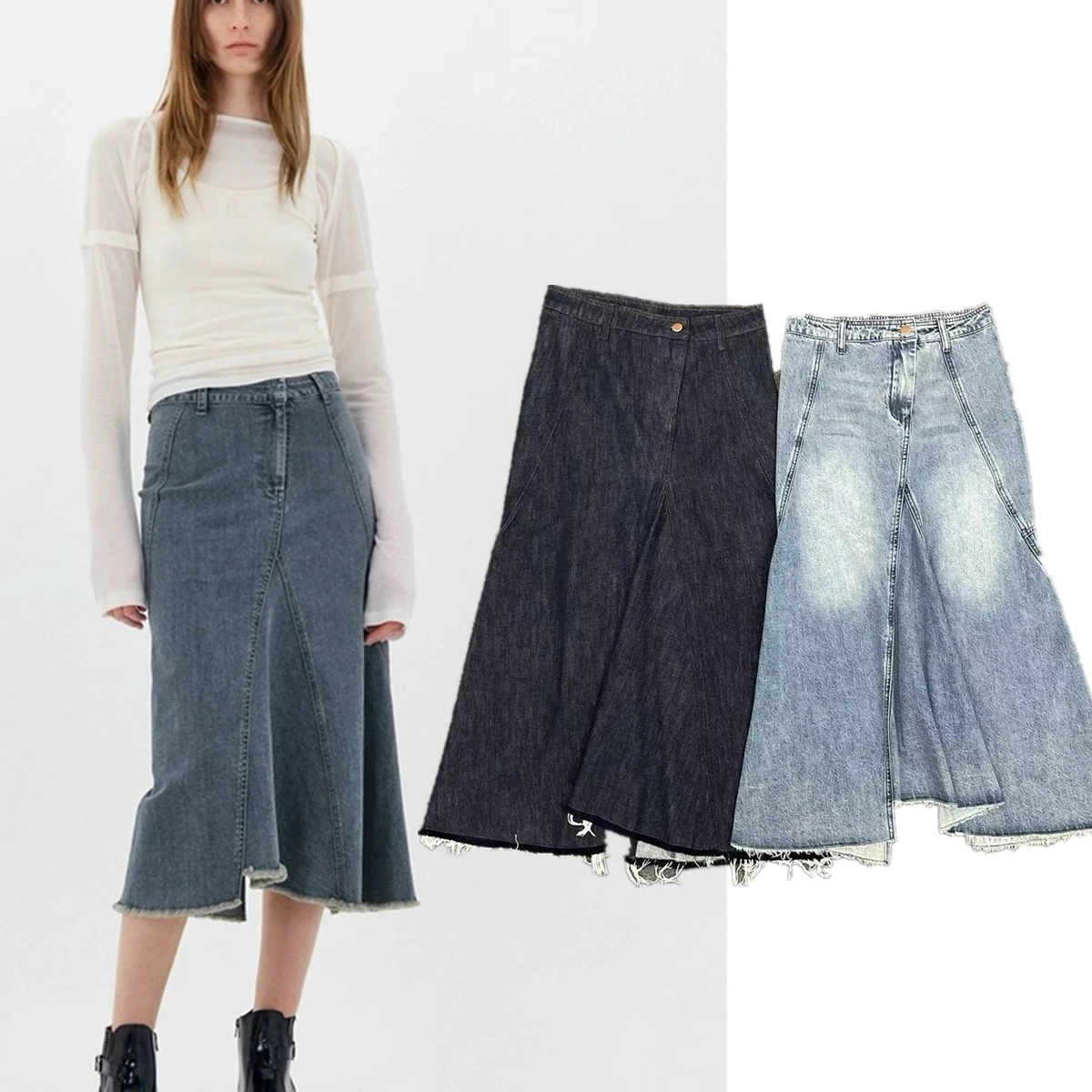 

Withered High Waist Split Midi Skirt Women Denim Skirt Minimalist Retro Fishtail Skirt Fashion Girls High Street