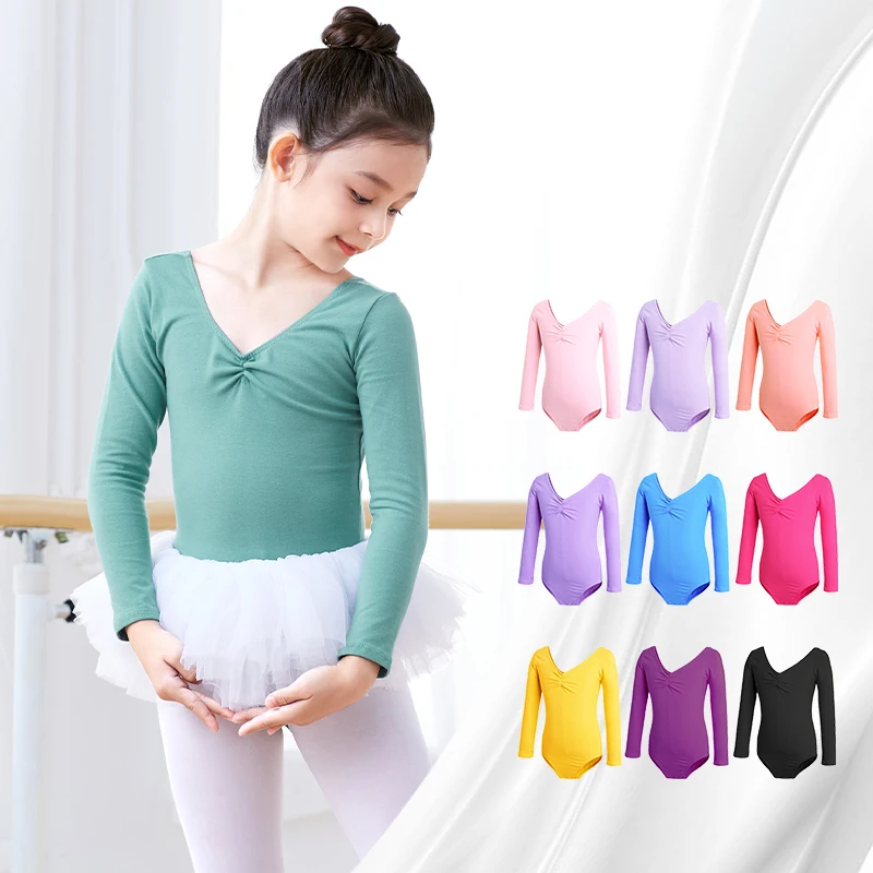 Long Sleeve Ballet Leotard Girls Cotton Dance Bodysuit Chest Drawstring Gymnastic Leotard Toddler Ballerina Outfits Dancewear