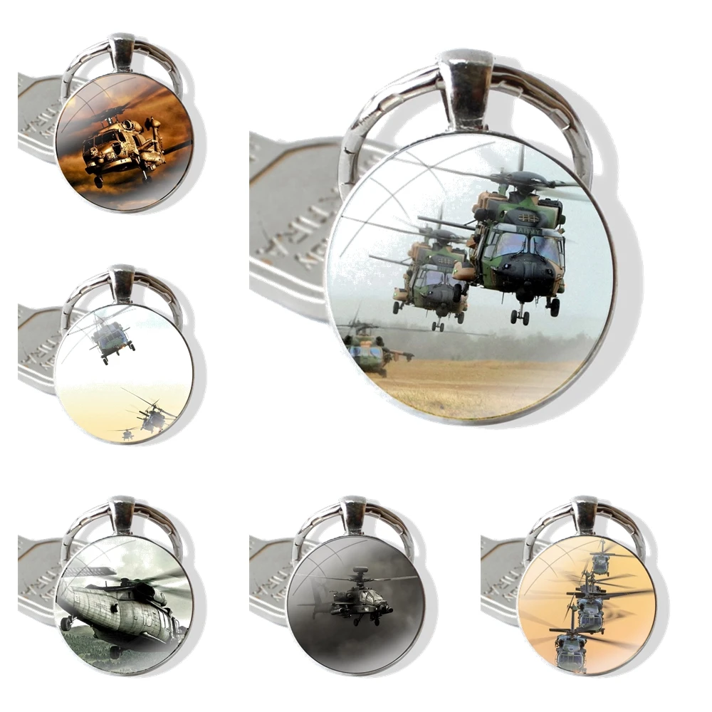 Fashion Helicopter Military 25mm Glass Cabohcon Keychain Key Rings for Women Men Jewelry Gift