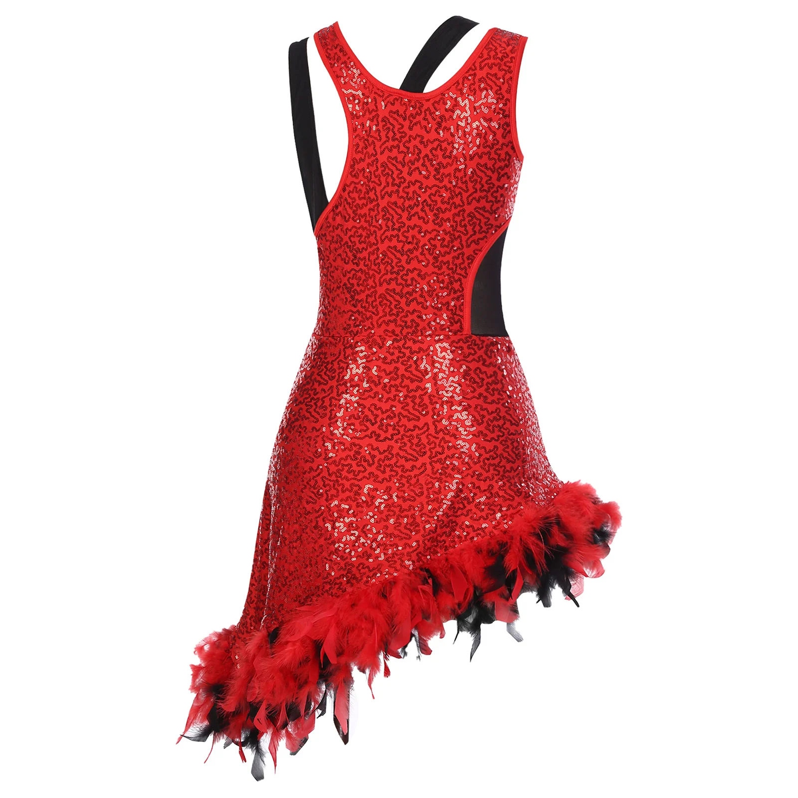 Womens Jazz Latin Dance Dresses Sleeveless Asymmetrical Shoulder Feather Trim Hem Sparkling Sequins Dress Performance Dancewear