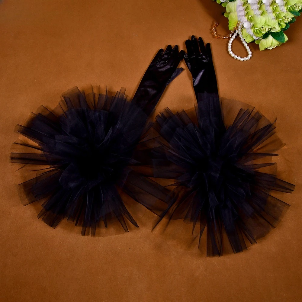 رجل فستان العروس الساتان أداء الزفاف الأسود مبالغ فيه قفازات زهرة كبيرة قفازات آداب ممتدة