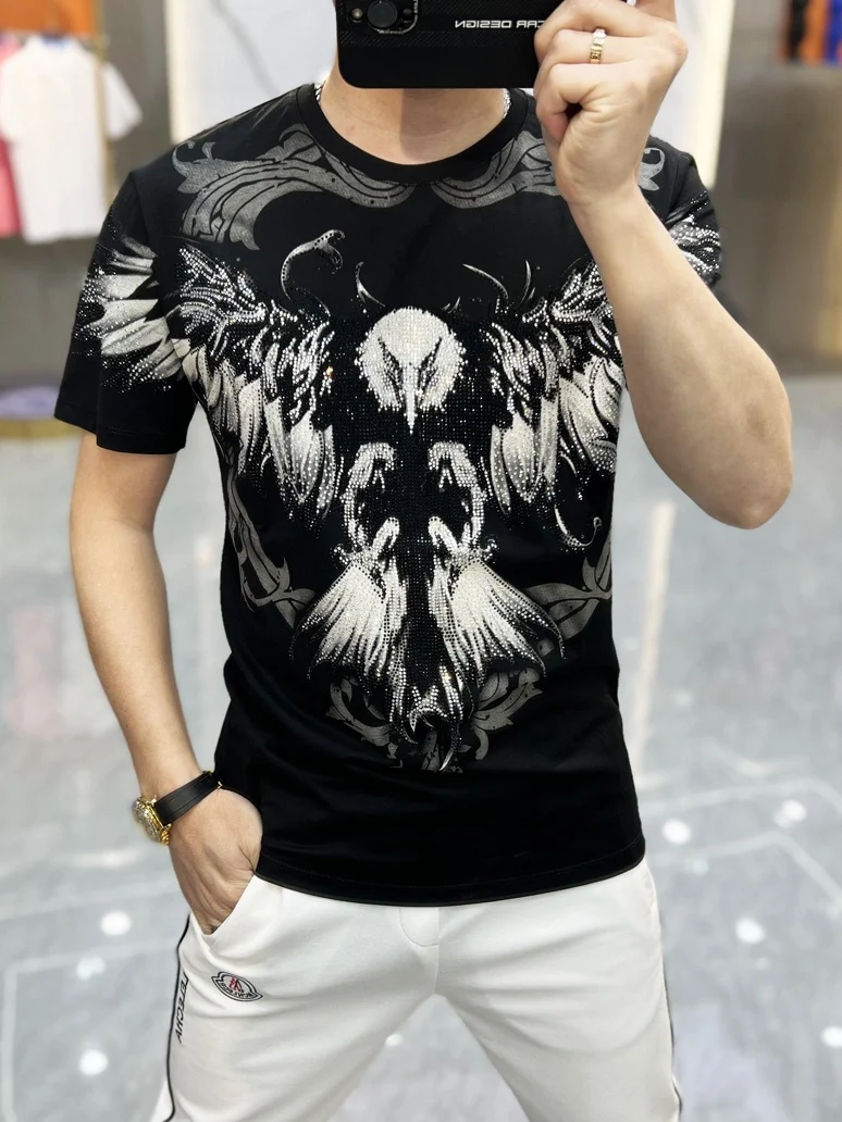 New 2024 Summer Fashion Street Clothing Short Sleeve Personalized Eagle Rhinestone T-shirt Fashion Slim Fit Casual Tees Top Men