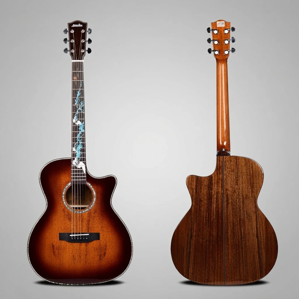 GA Cutaway Acoustic Guitar Sunburst Top Dark Brown Back Blue Vine Inlay Shell Binding 6 Strings for Beginners, Great Practice