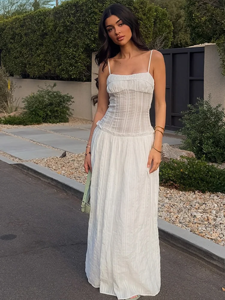 

Women Elegant White Sing Long Dress Casual Ruffled Backless Sleeveless High Waist Loose Maxi Vestidos 2025 New Summer Commute