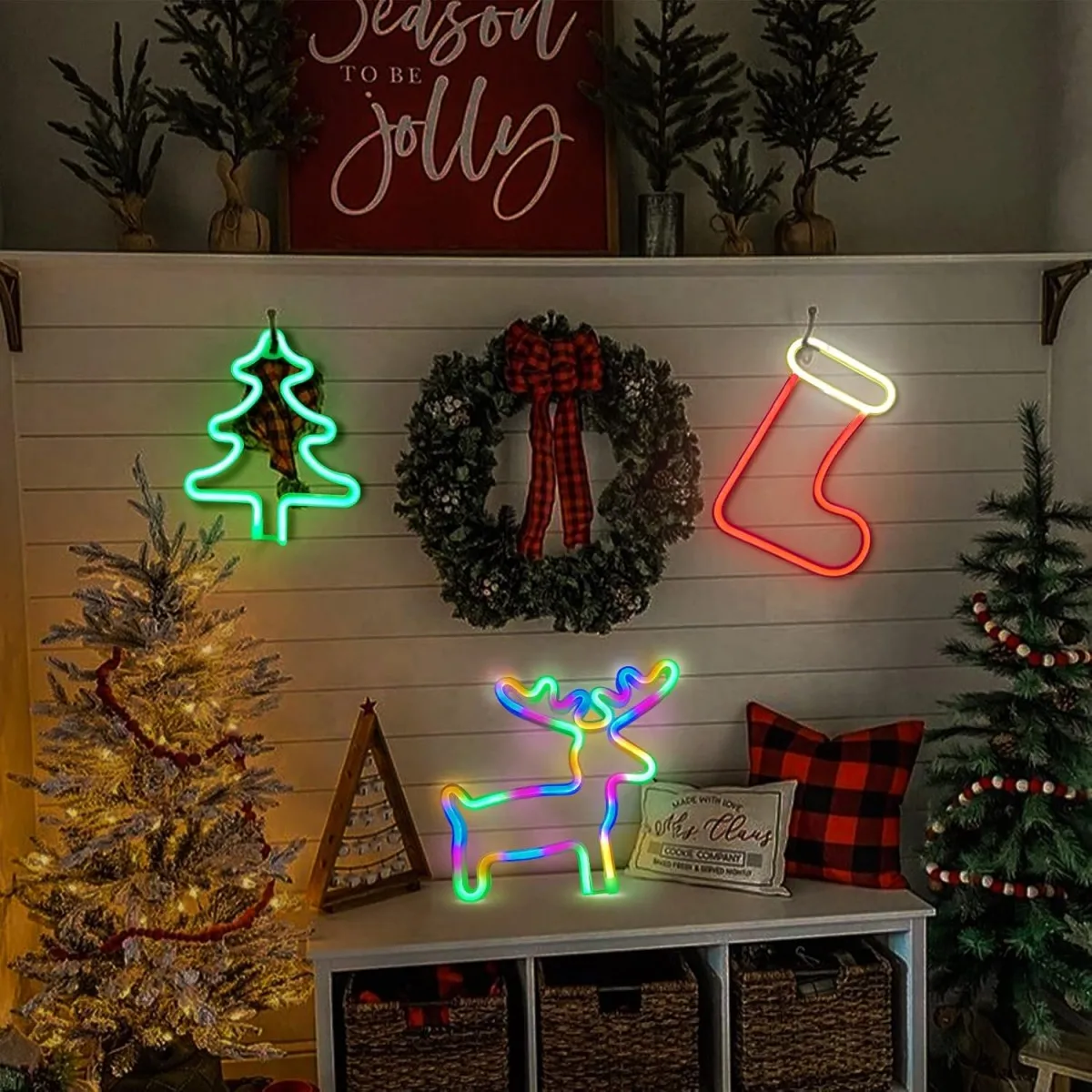 1pc Christmas Tree Neon Sign Light With Elk & Christmas Sock & Christmas Tree For Outdoor Garland Garden Windows Curtain Decor