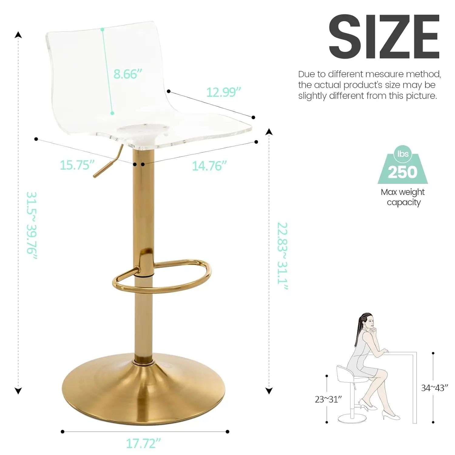 Taburetes de Bar Acrílicos con Respaldo Medio, Juego de 2, Transparentes, Ajustables, Giratorios, con Elevación Neumática, Altura de Barra, Personalizables
