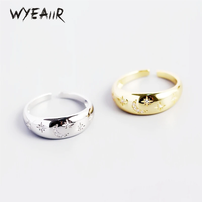 

WYEAIIR 925 Sterling Silver Shiny Stars Moon Cool Resizable Opening Ring For Women Luxury Jewelry