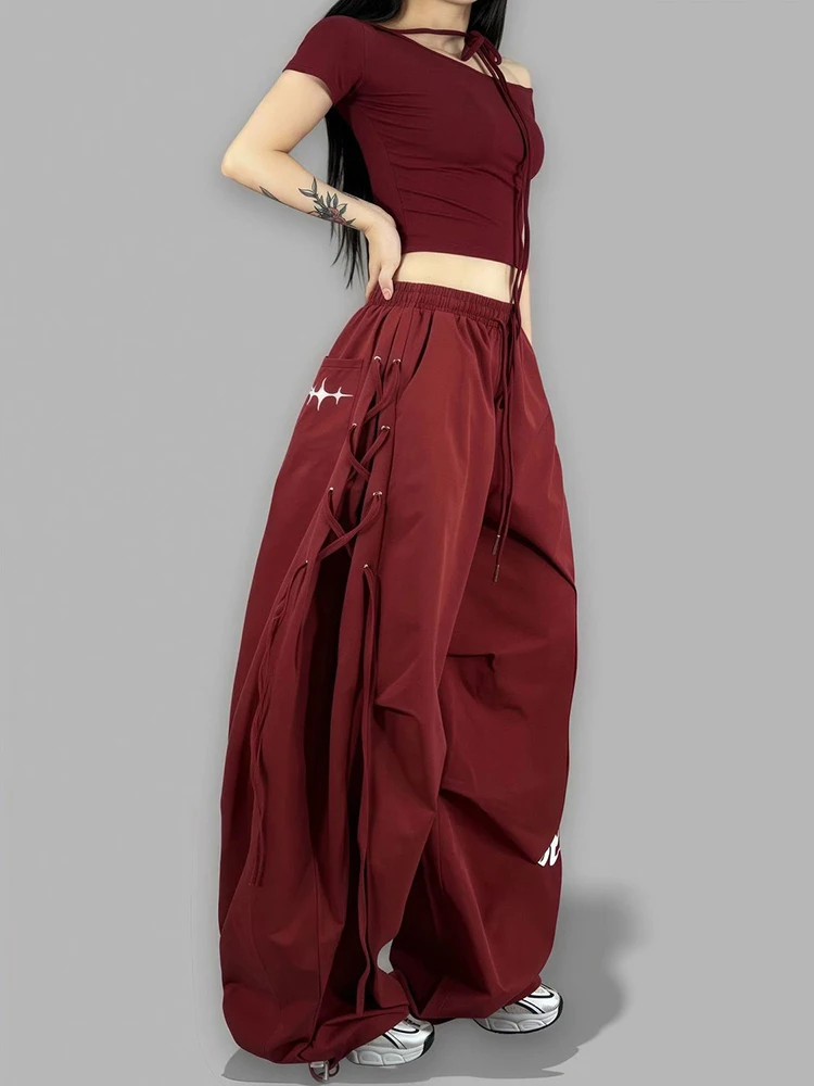 American Streetwear Jogging Cargo Pants Women High Waist Side Straps Loose Punk Wide Leg Trousers Fashion Hip Hop Parachute Pant
