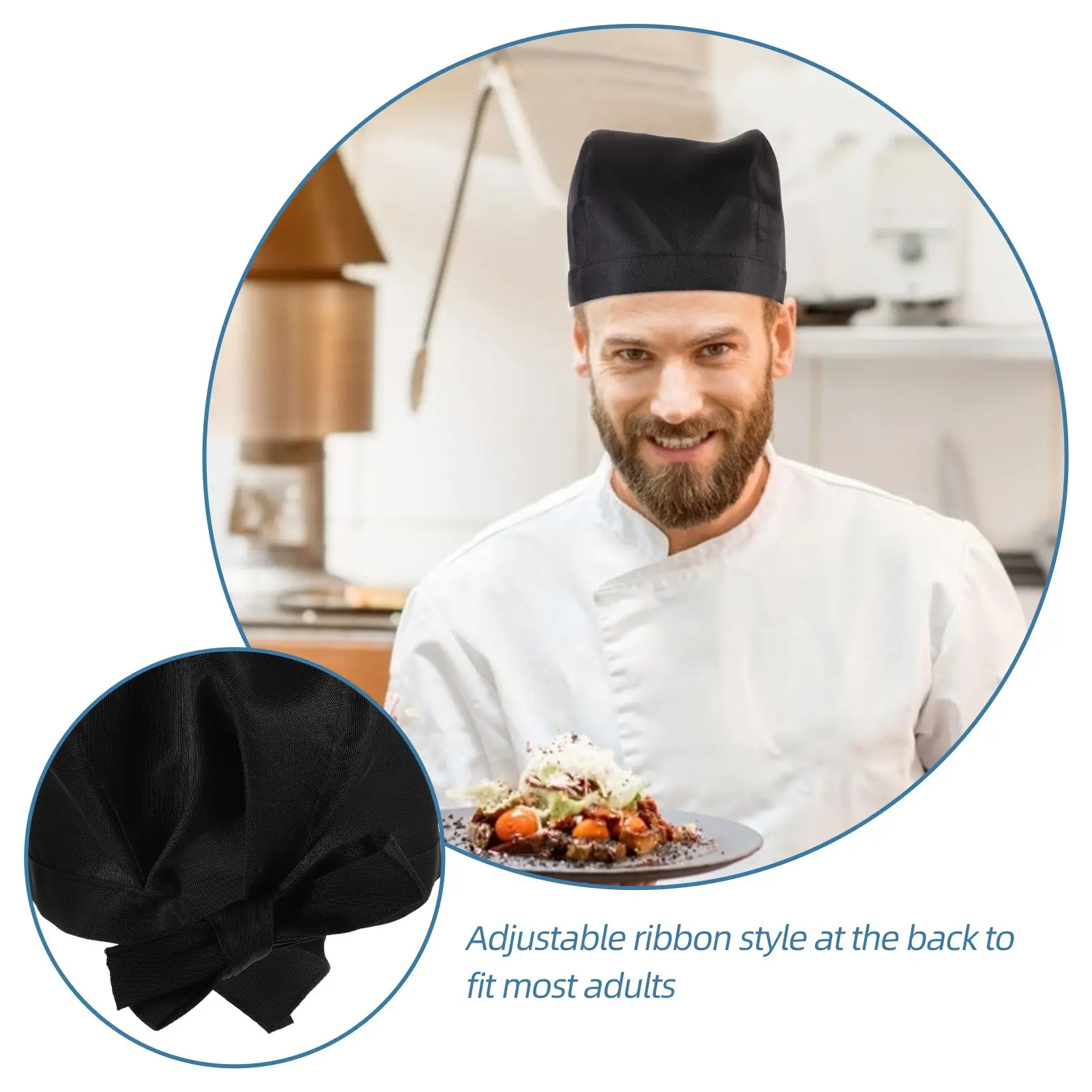Black Chefs Hat Turban Soft Canvas Adjustable Ribbon Back One Size Fits Most Adults Kitchen Use Catering School