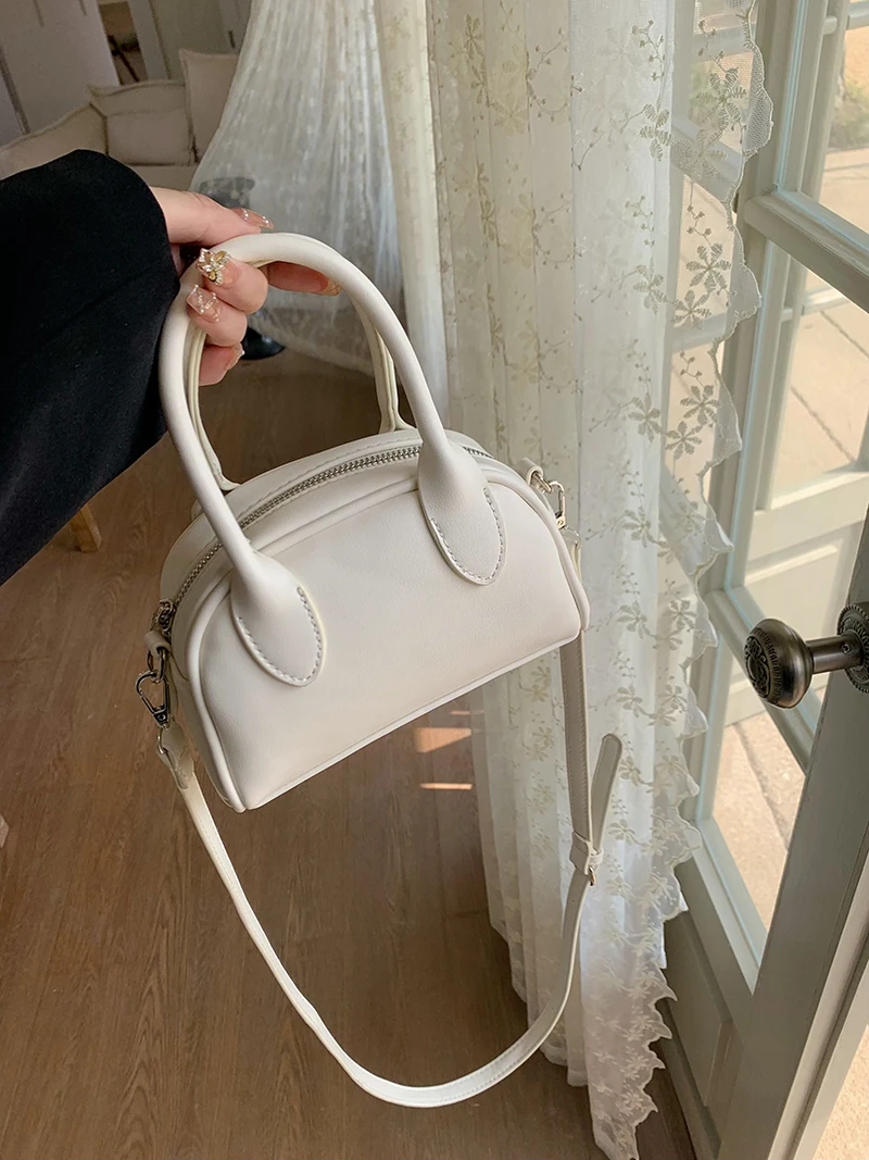 Korean Sle Versatile Women\'s Handbag Simple Boston Bag Crossbody Square Bag Casual Single oulder Zipper Closure Pure Color