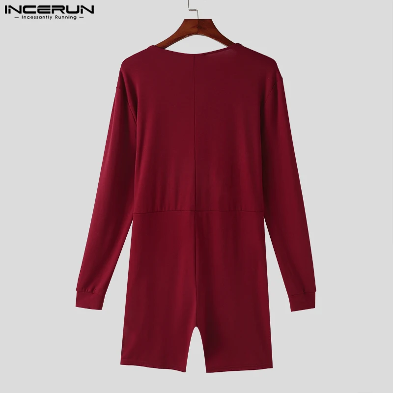 INCERUN 2024 Sexy Men Rompers Open Front Solid Knitted Long Sleeved Jumpsuits Male Hot Selling O-Neck Flat Angle Bodysuits S-5XL