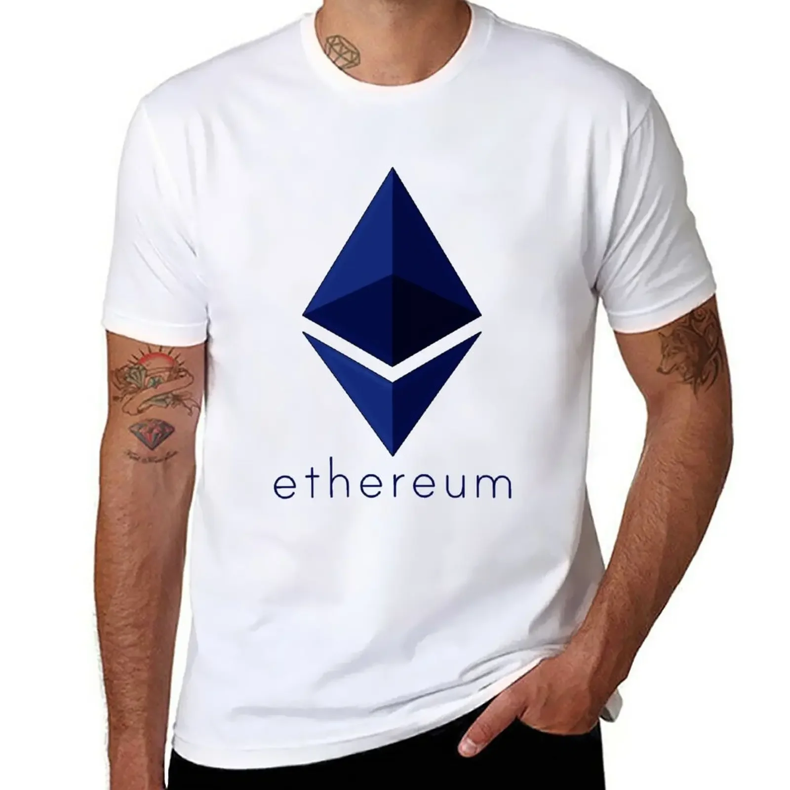 T-Shirt bleu Ethereum, vêtements esthétiques amusants à la mode coréenne, hauts d'été, t-shirts pour hommes en coton