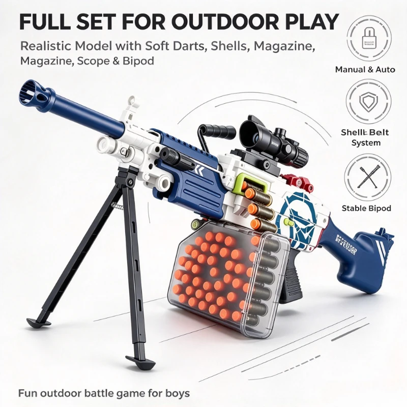 2026 New Soft Dart Blaster with Shell Belt, Manual Automatic Shooting Modes, Outdoor Battle Play Toy Gift for Boys