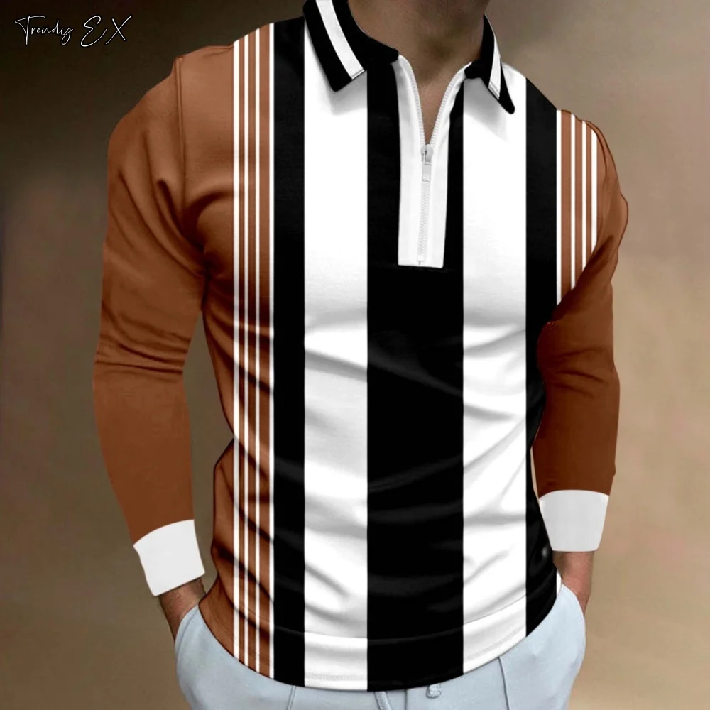 Striped Color Block Print Polo Shirts for Men Fashion Sport Lapel Golf T-Shirt Men Top Casual Commercial Long Sleeve T-Shirt Man