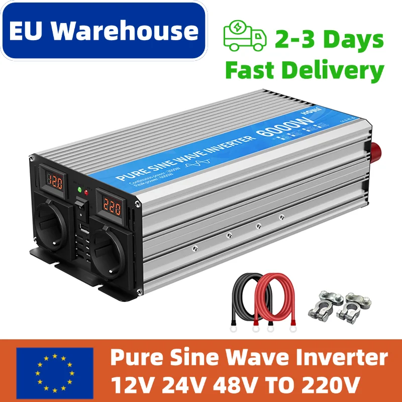 Pure Sine Wave Inverter 5000W 6000W With LED Display DC 12V 24V To AC 220V 230V Voltage Converter Power Solar Car Inverters