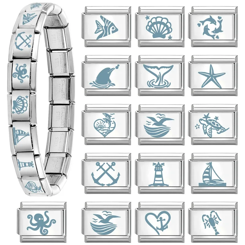 Y2K Laser Engraving Ocean Blue Shell Turtles Dolphin Sunset Lighthouse Italian Charm Fit 9mm Stainless Steel Bracelet DIY Making