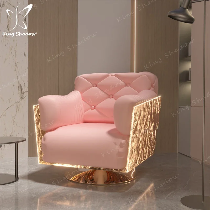 Kingshadow Modern Beauty Salon Waiting Chair Luxury Gold Metal Frame Pink Pu Leather Single Sofa Chair