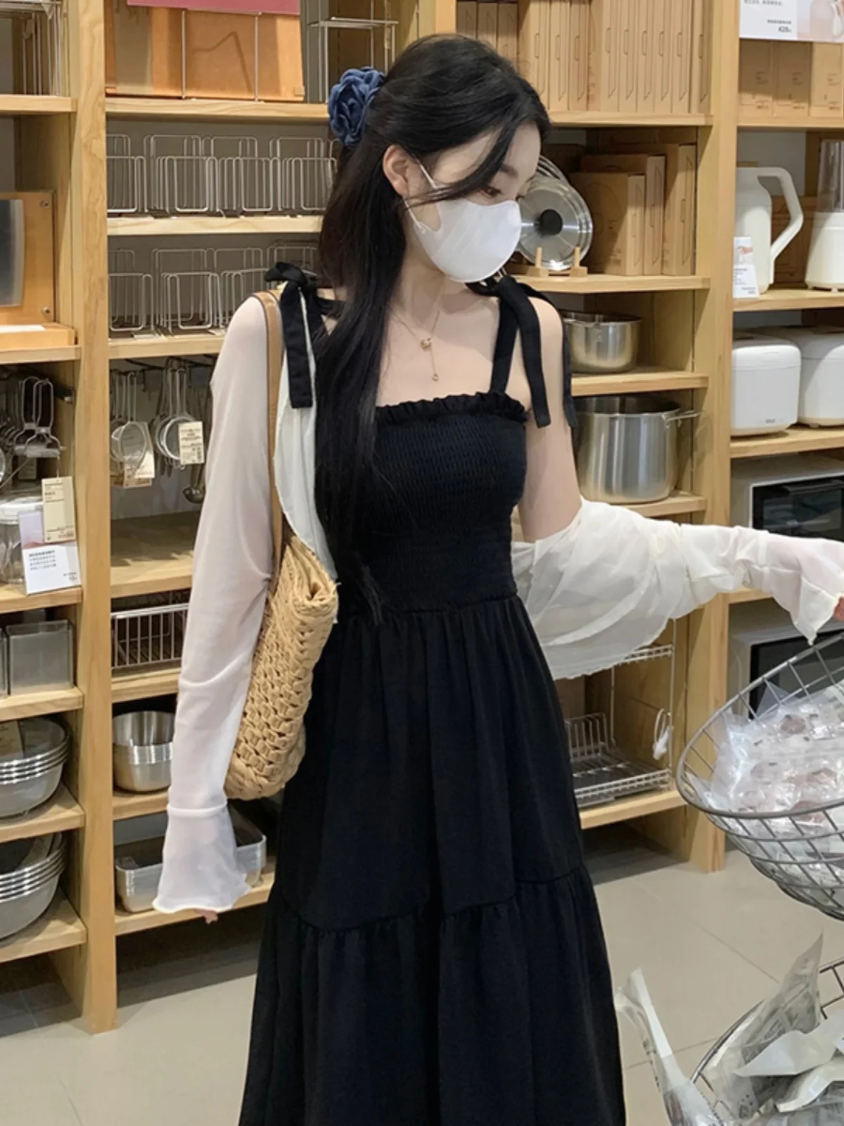 plus Size Summer Strap Dr Women's Bla Skirt Sunscreen Set Slimming Hepburn Sle Casual A-Line Dr Korean Sle