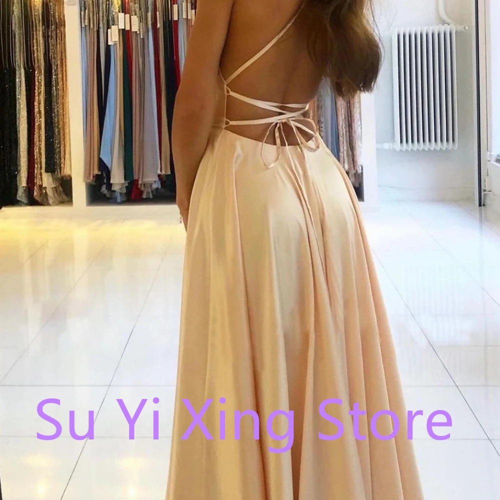 Lace Up Back Criss-Cross Sweep Train Sleeveless Satin Spaghetti Straps Boat Neck Floor Length Front Slit A-Line Sexy Party Dress