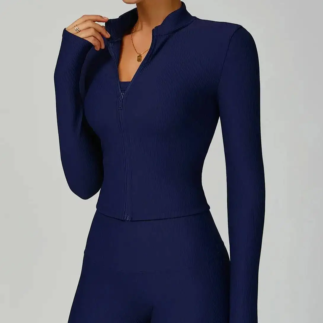 

Outdoor Ribbed Sports Long Sleeved Women Slim Yoga Quick Dry Zipper Cardigan Stand Up Collar Running Fiess Jacket Tops