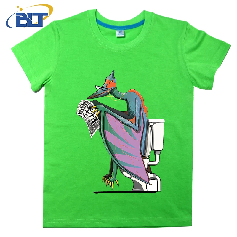 Dinosaur Pterodactyl on the Toilet printed kids T-shirt summer cotton short-sleeved casual top suitable for both boys and girls