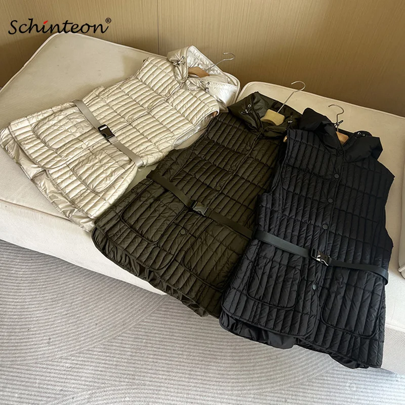 Schinteon Women's White Duck Down Long Vest with Hood Autumn Winter Casual Sleeveless Jacket 2026 Slim High Quality Fashion Top